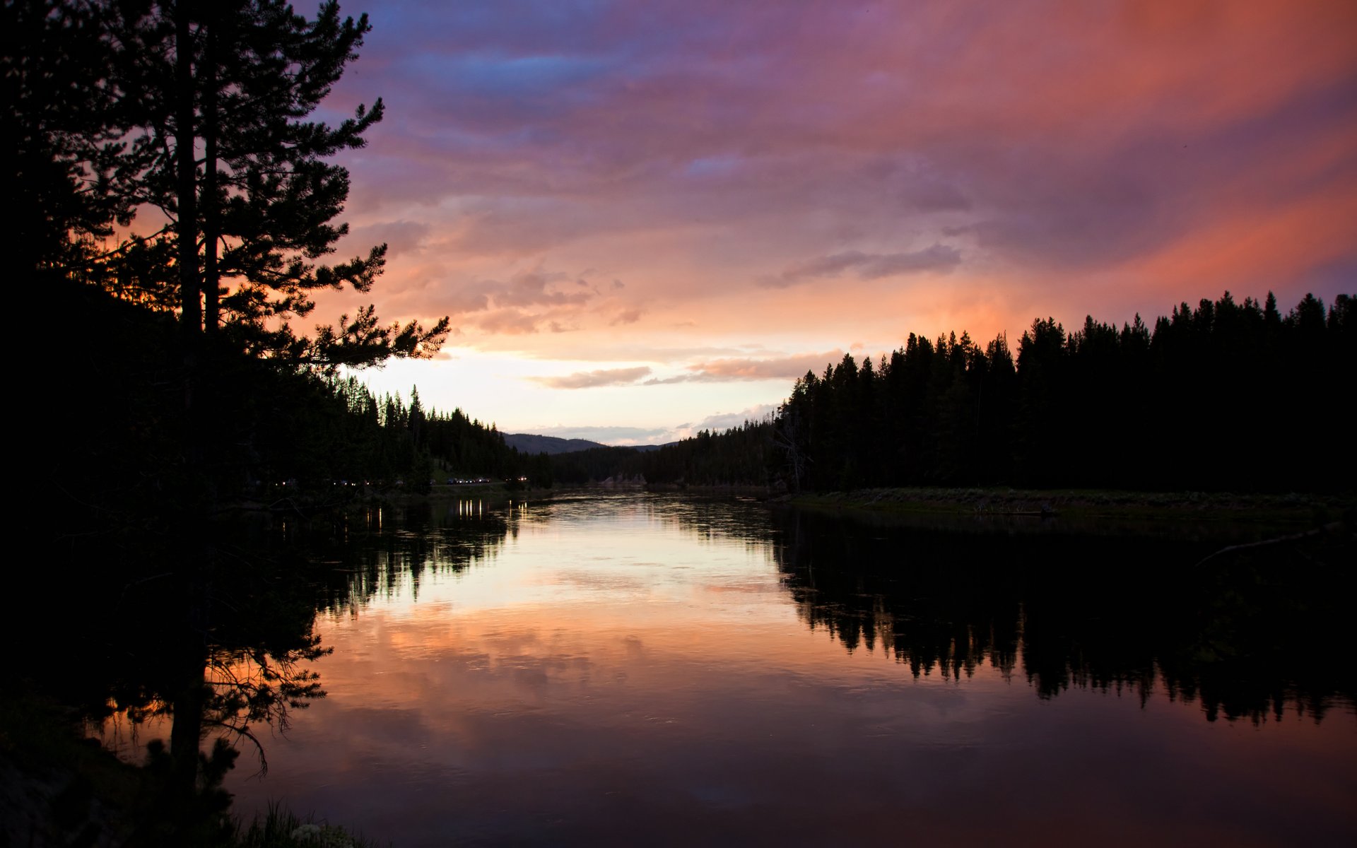 nature landscape night river water lake road machinery light sky forest trees view evening trees cars auto