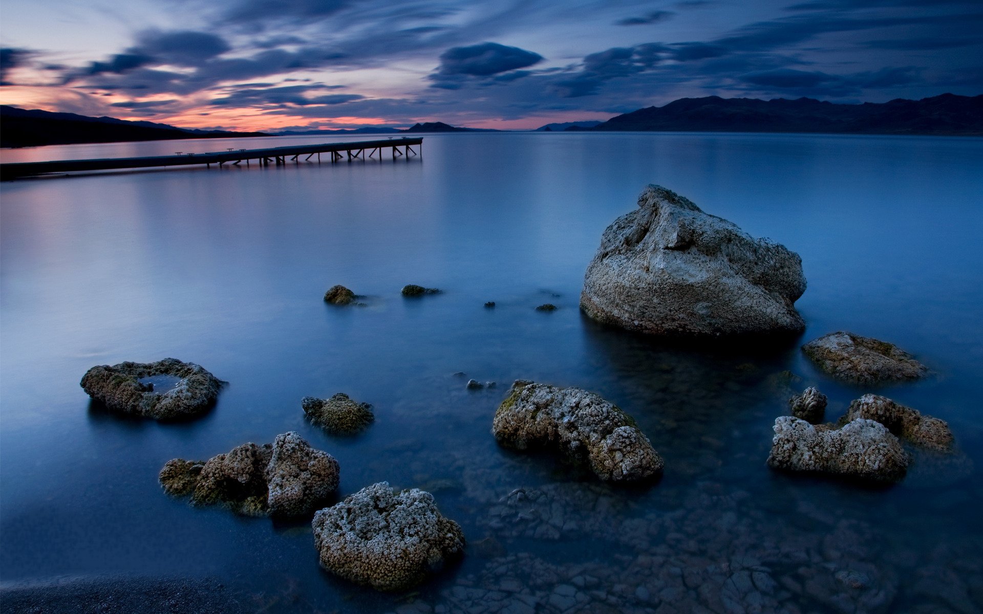 landschaften wasser nacht ozean steine brücke wolken ufer