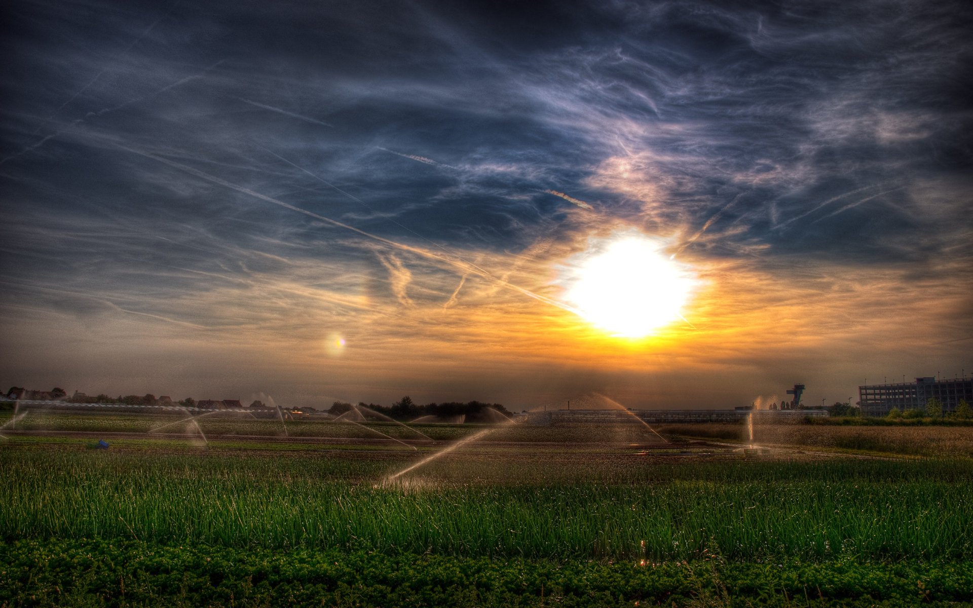 the field watering sky clouds sun