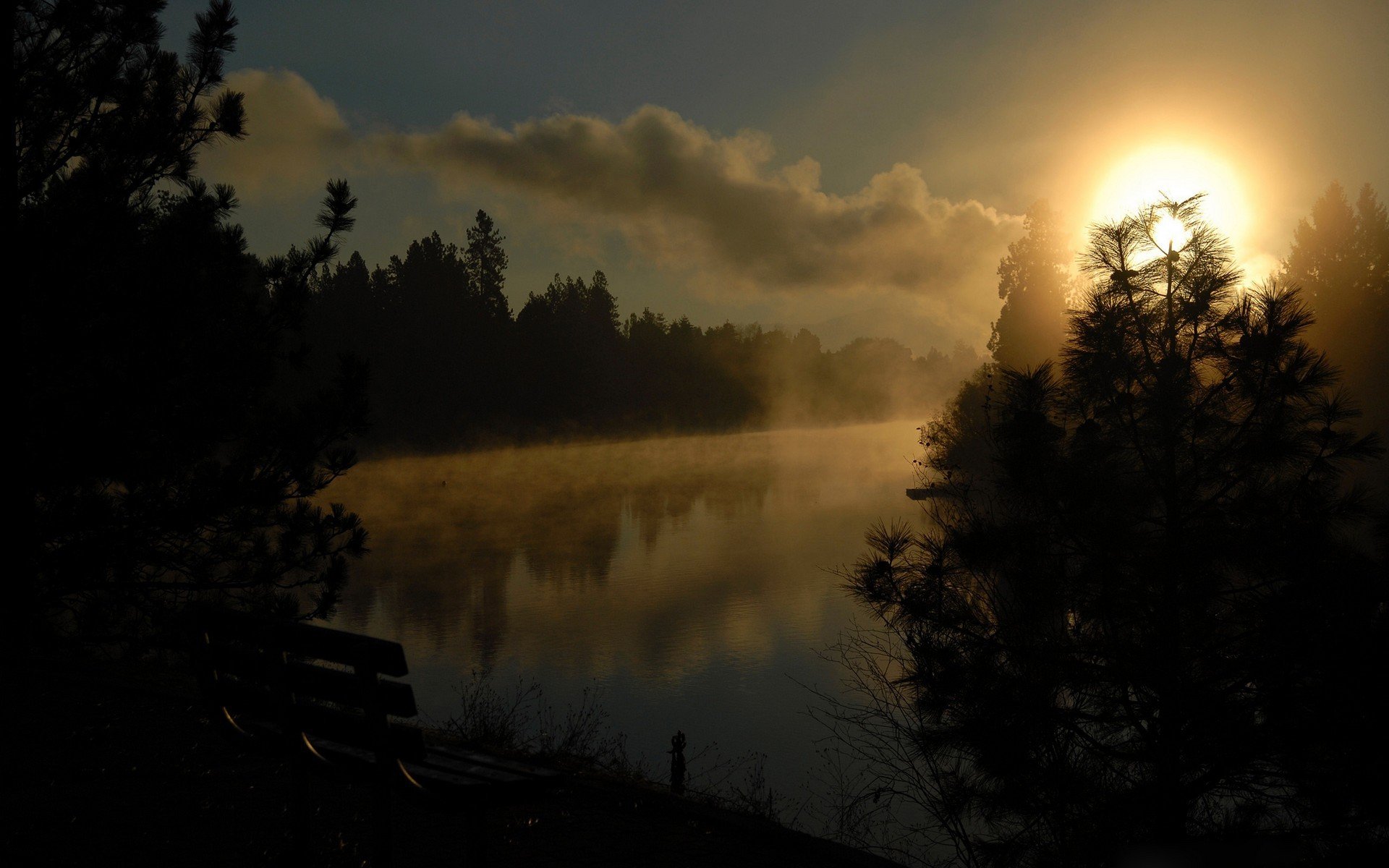 banc rivière arbres soleil ciel nuages paysage