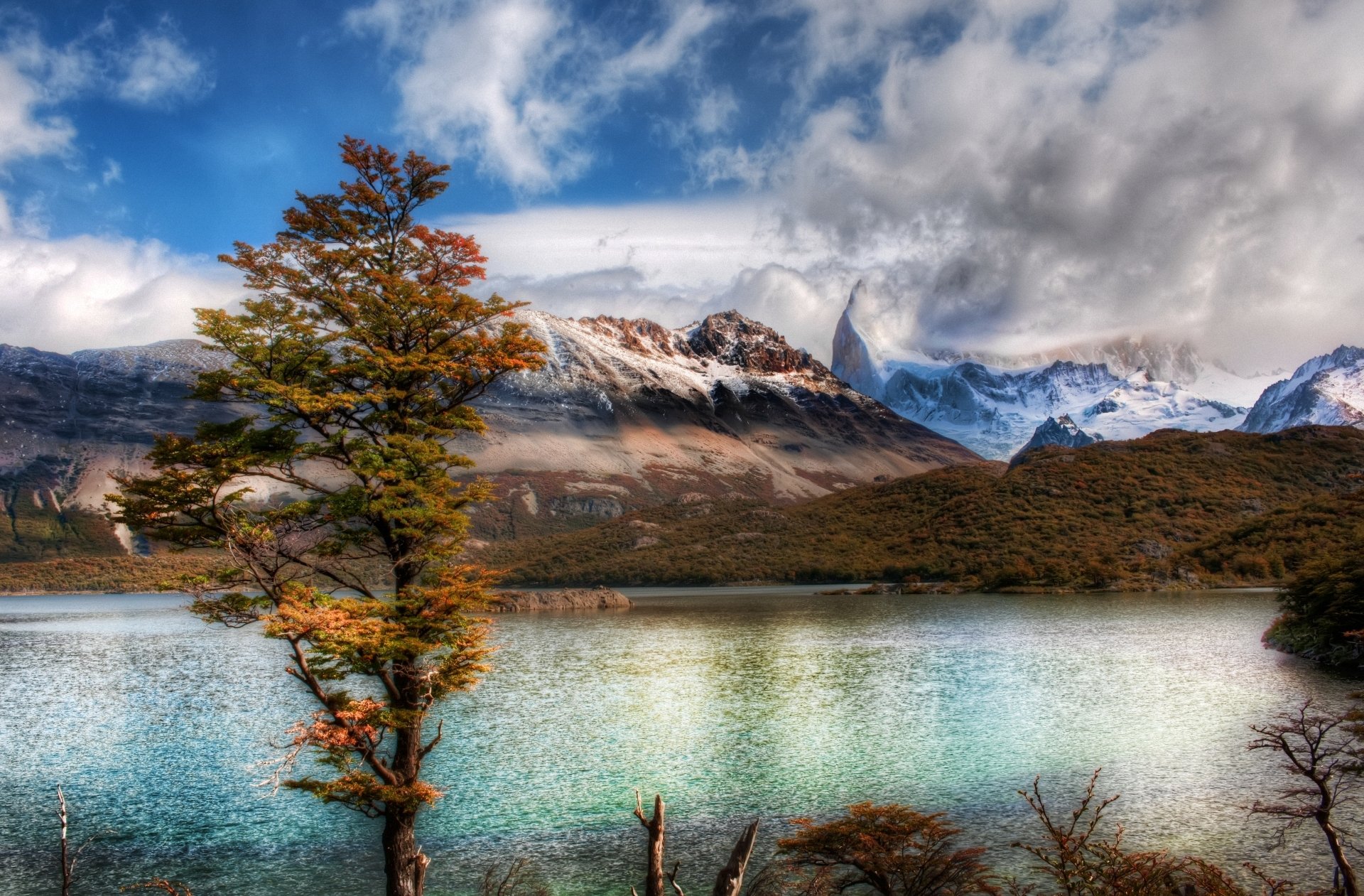 see berge wolken baum