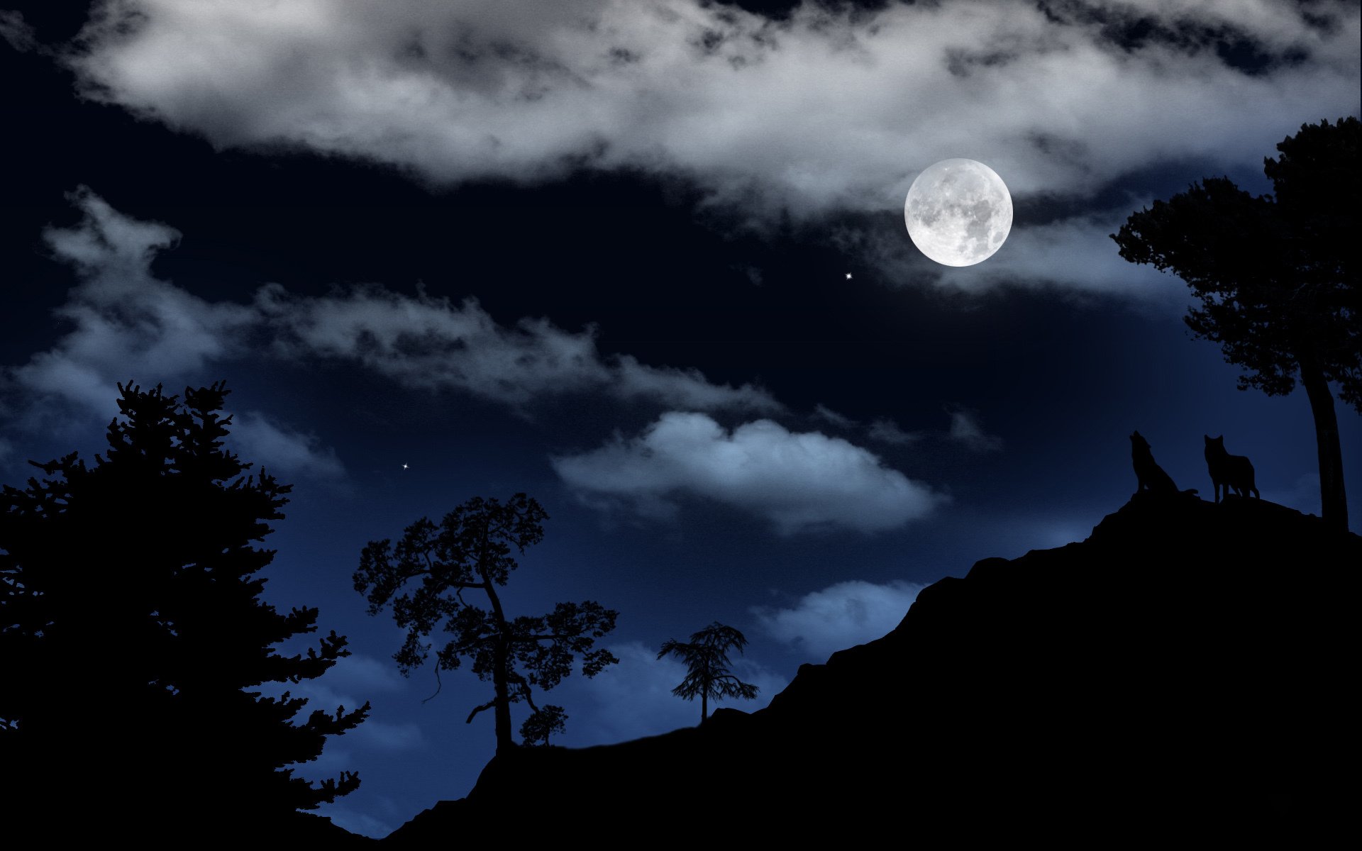 moon wolves landscape night sky