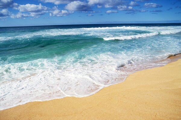Пляж с белым песком и морскими волнами