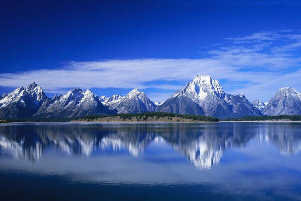 Landscape of winter mountains reflected in the water