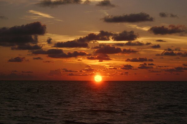 The sun is setting in the sea. Clouds in the rays of sunset