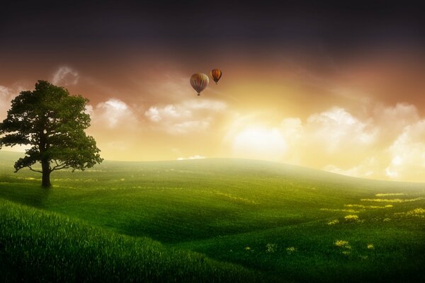 Foto fantastica. Distanza nebbiosa e palle nel cielo. Campo verde