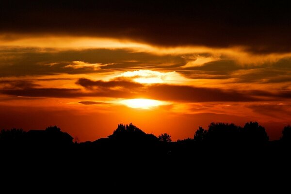 Coucher de soleil fascinant. Silhouettes dans le ciel