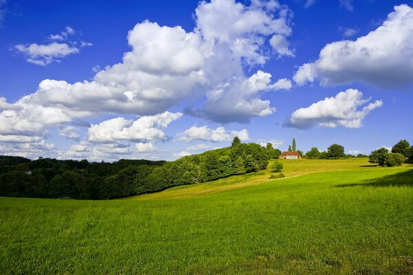 Ein Haus auf einem schönen Feld und einem wolkenlosen Himmel