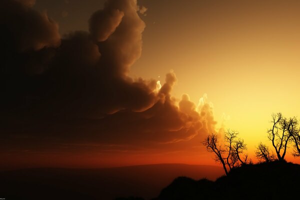 Arbres sur la colline et le coucher de soleil rouge