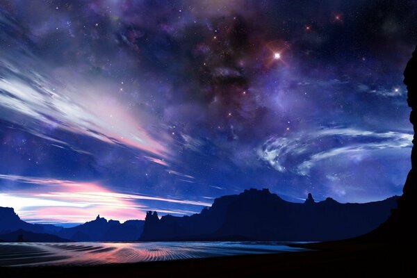 Beautiful mountains under the starry sky