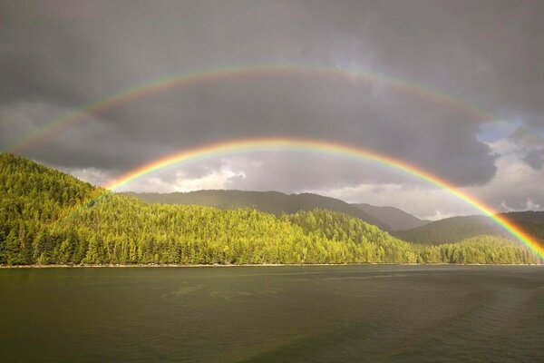 Double rainbow over a pond in the forest