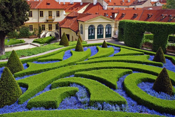 Design eines Platzes mit Blumen und Sträuchern am Haus