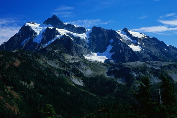 Panorama der schneebedeckten Berge am Himmelshintergrund