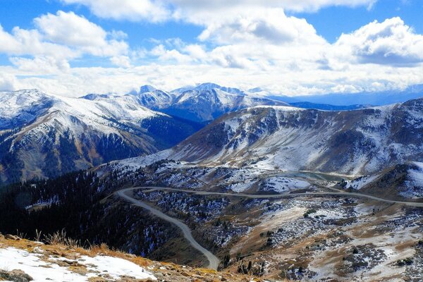 Mountain road among snow-capped peaks