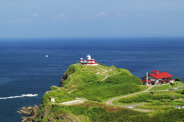 Japanese houses on a hill by the sea