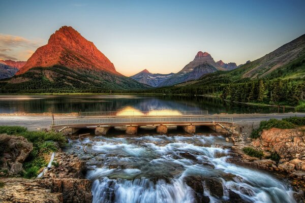 Bridge over a mountain waterfall