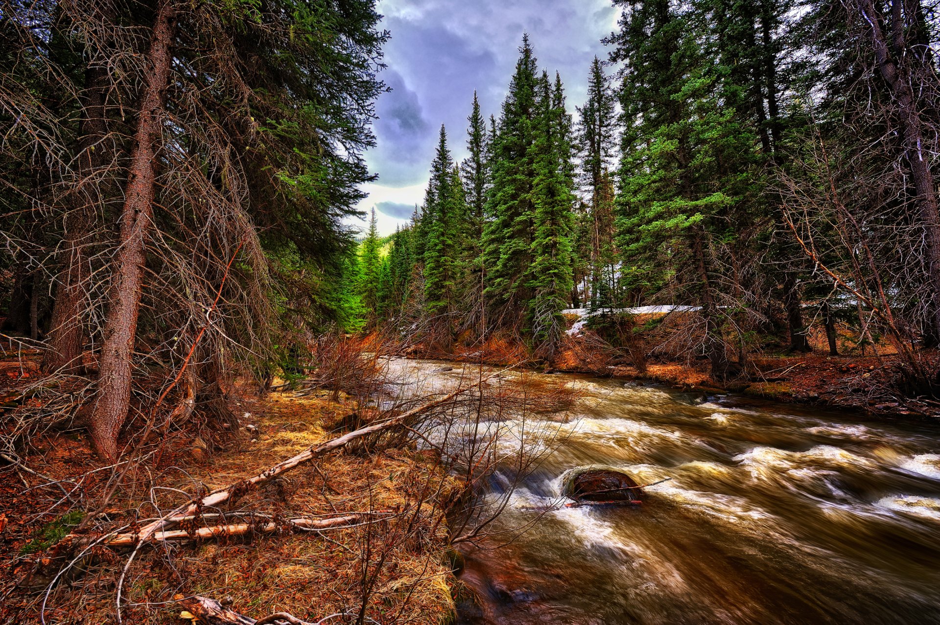 ciel montagnes forêt rivière ruisseau pierres rapides paysage