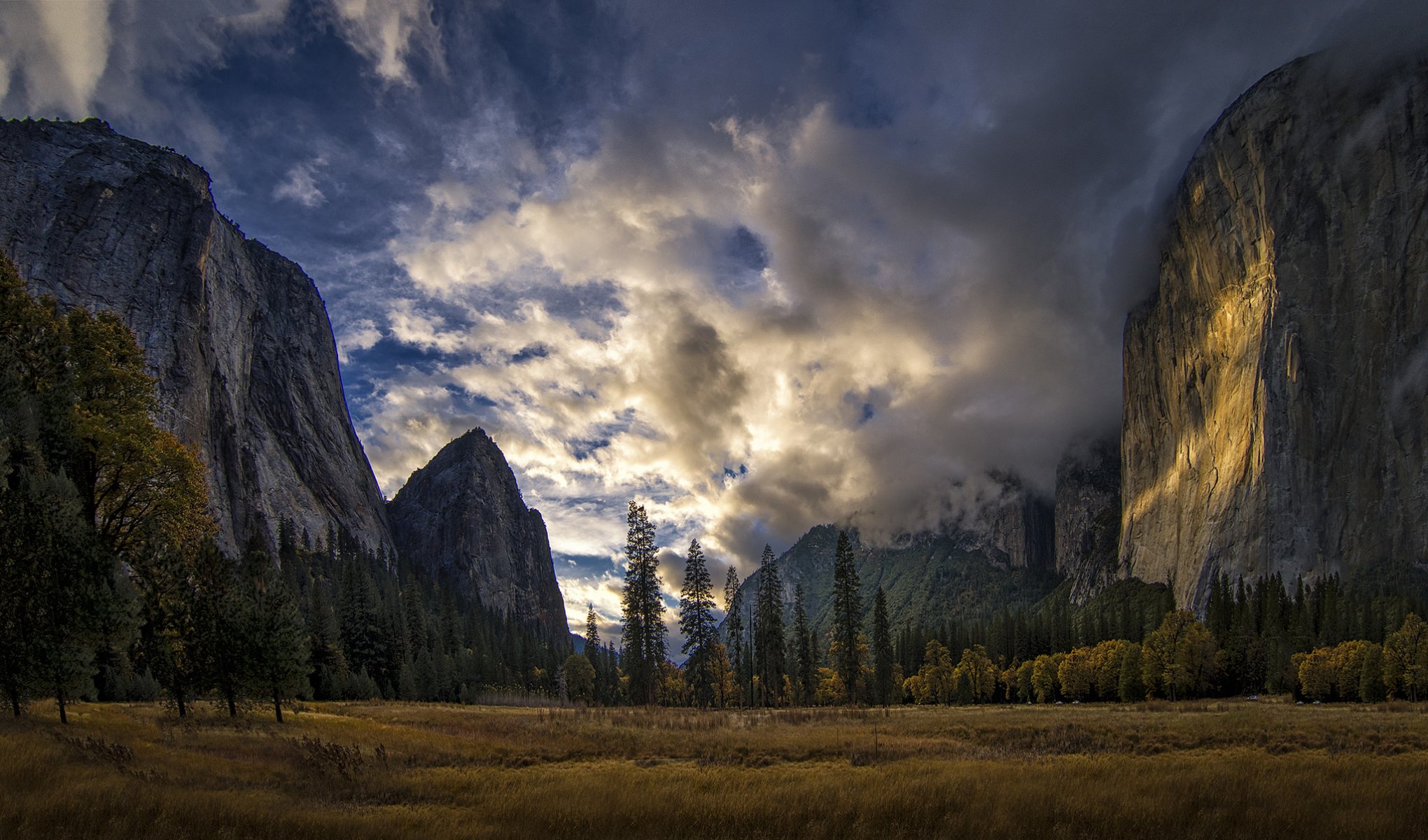 yosemite national park sierra nevada united states mountain sky clouds tree rock autumn