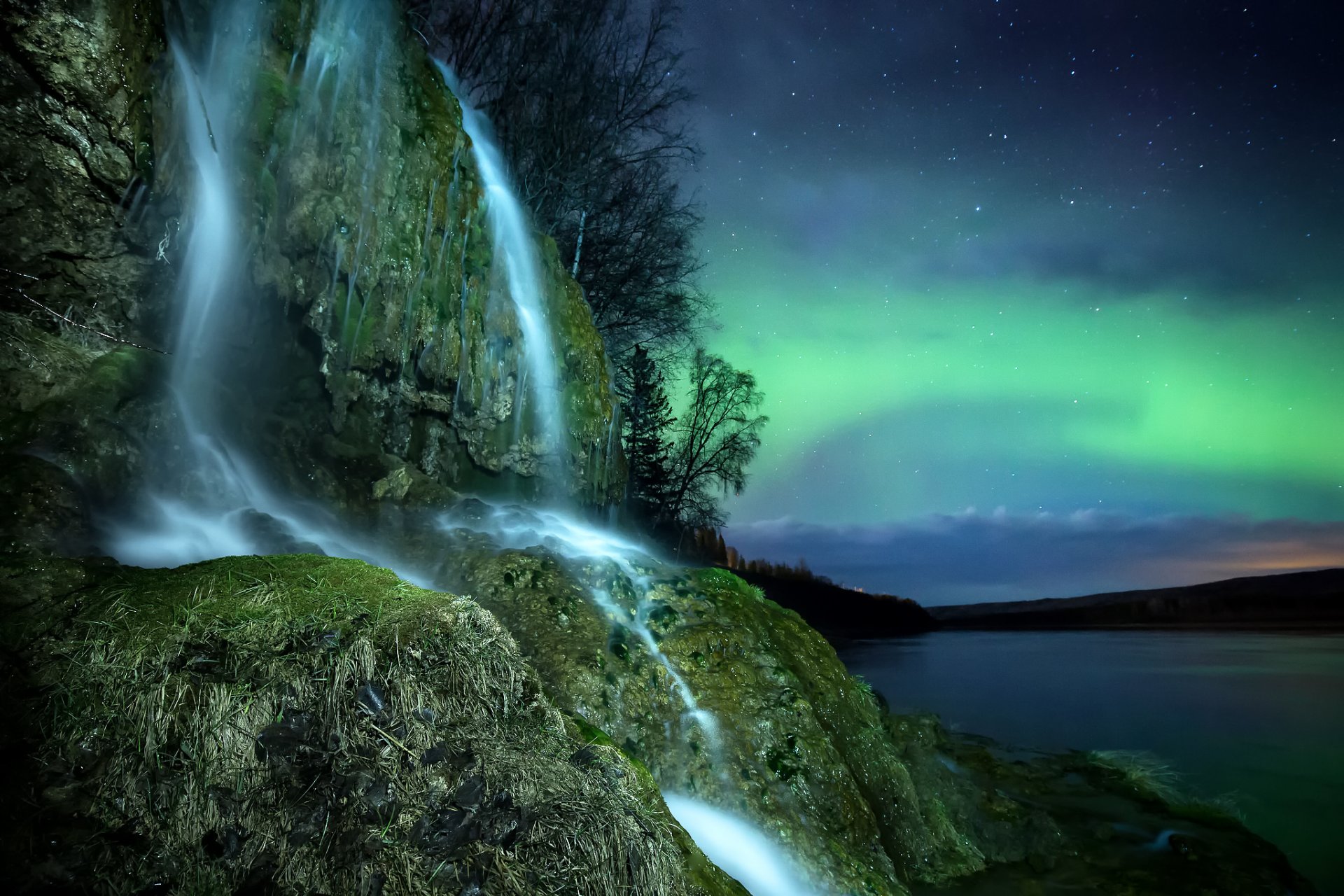 northern lights night sky star river rock waterfall tree nature