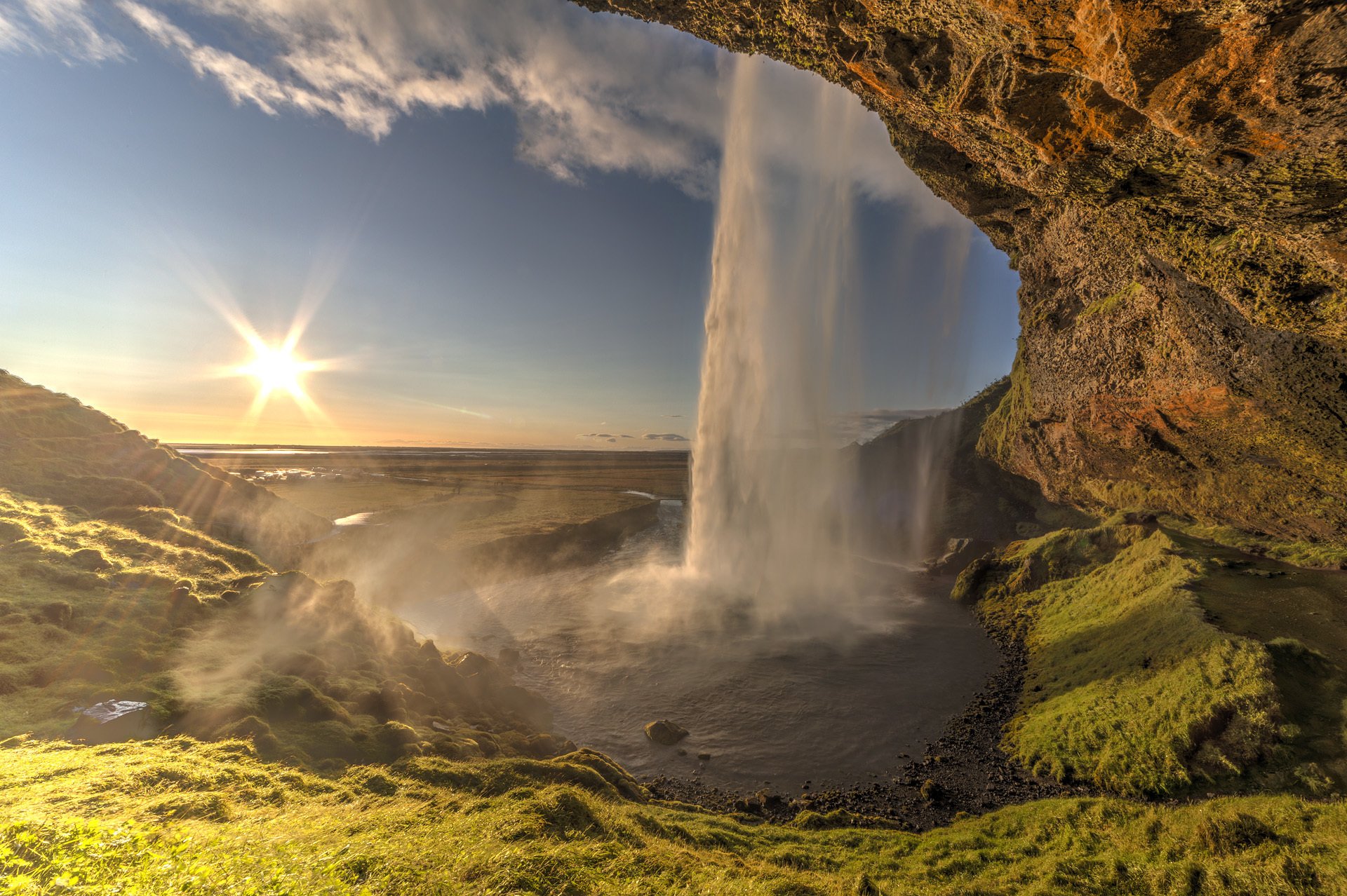 rock waterfall lake sun