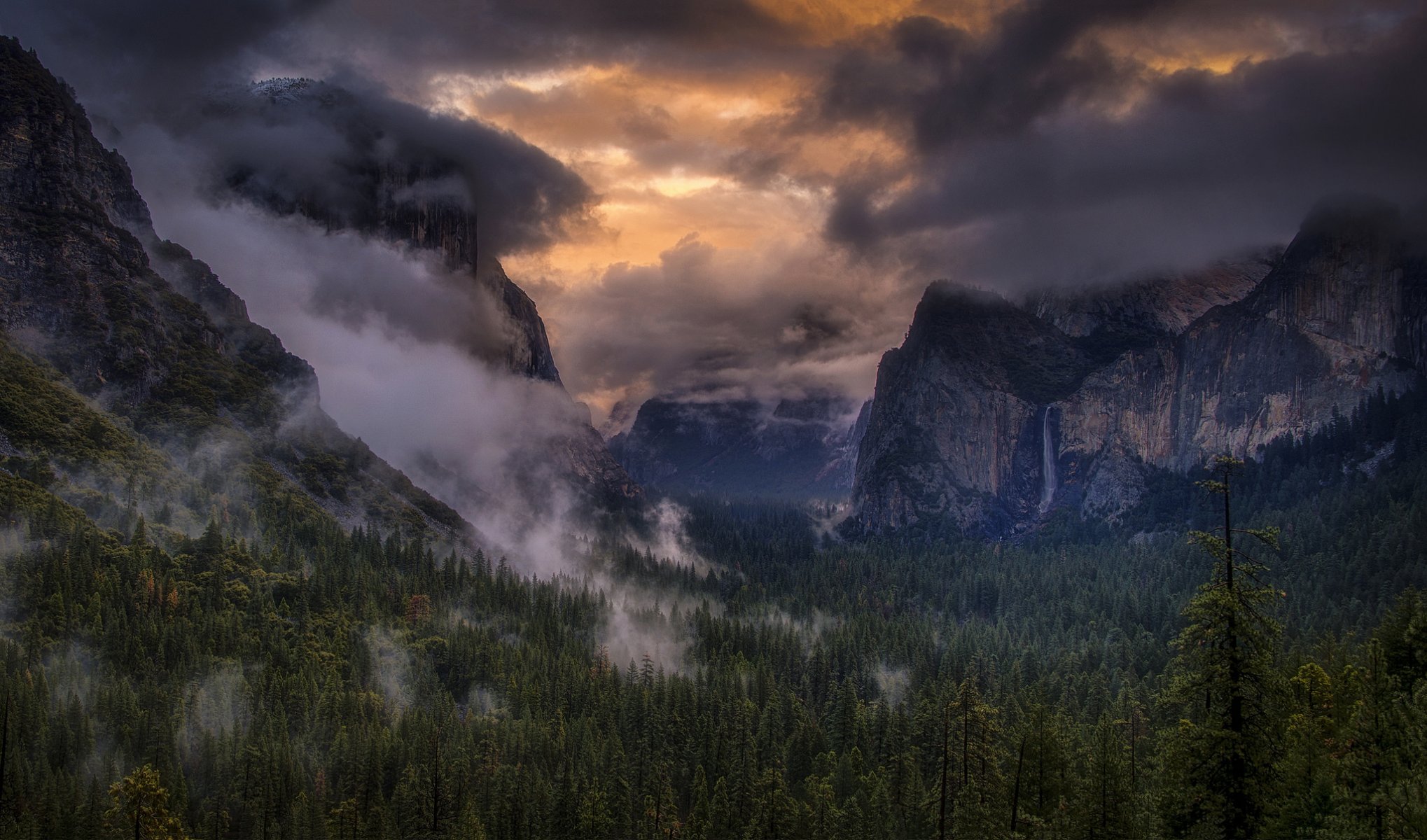 yosemite national park sierra nevada usa berge himmel wolken bäume nebel wasserfall