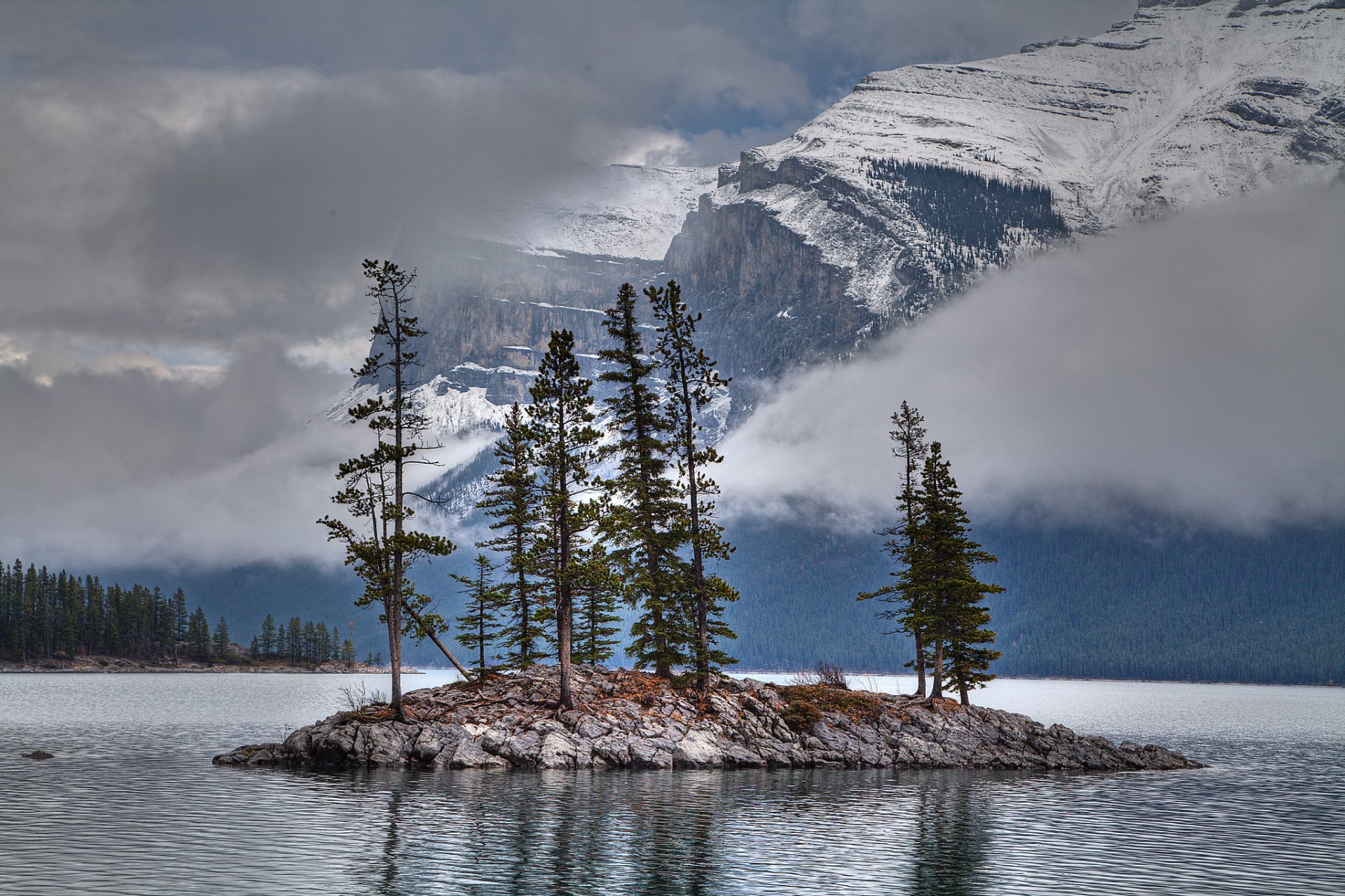 mountain clouds snow lake island tree