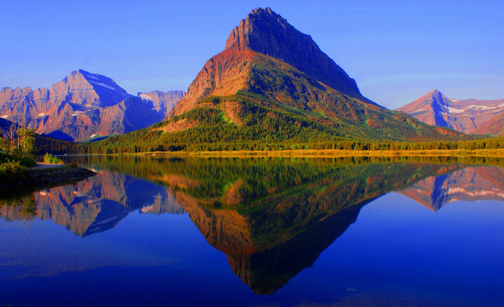 glacier national park montana usa himmel berge see wald herbst reflexion