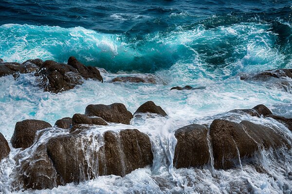 Sea waves crashing on rocks