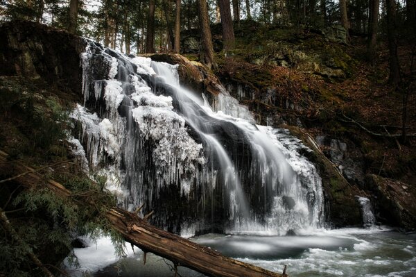 A half-frozen waterfall in a winter forest