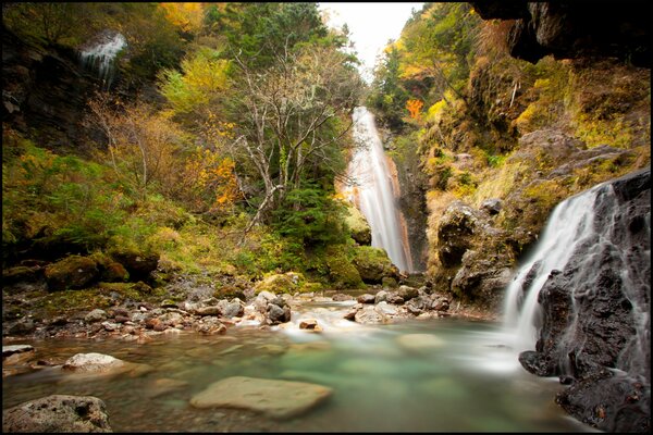 Japanese waterfall and autumn trees
