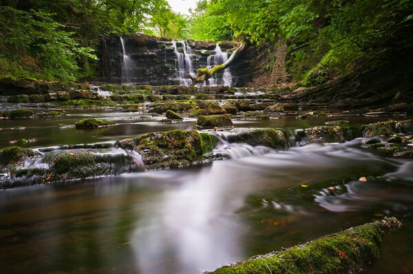Waterfall among the rocks in the forest