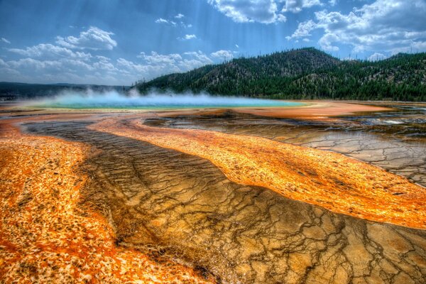 USA, Yellowstone steam, beautiful view, forest and mountains
