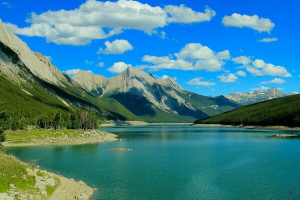 Clouds over Blue Lake in Jasper National Park in Canada