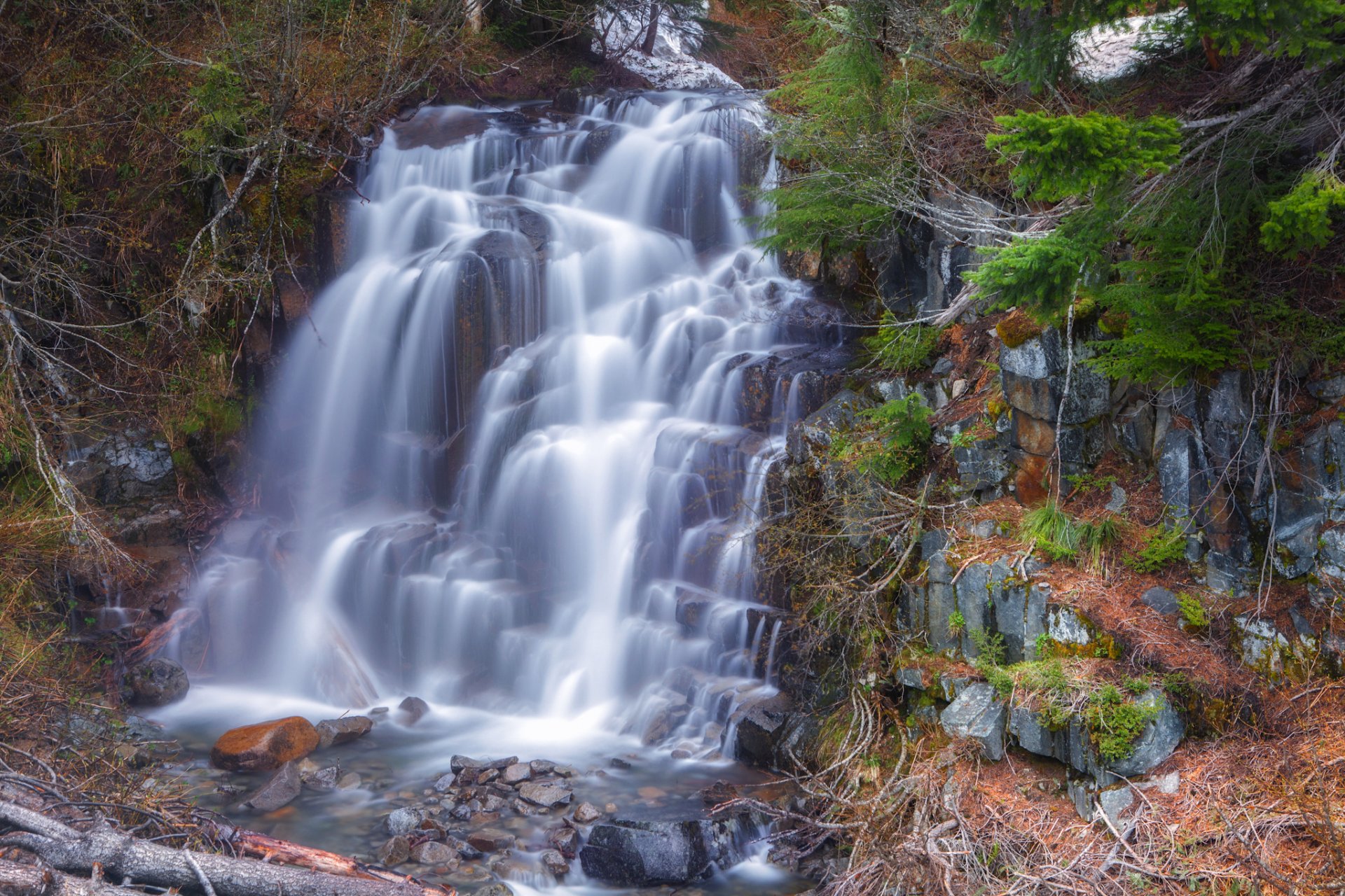 bosque árboles río corriente cascada piedras salpicaduras