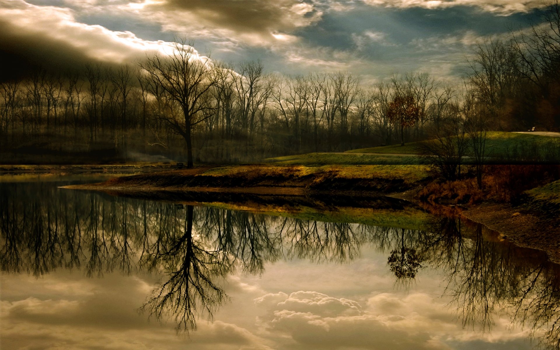 parque lago reflexión otoño