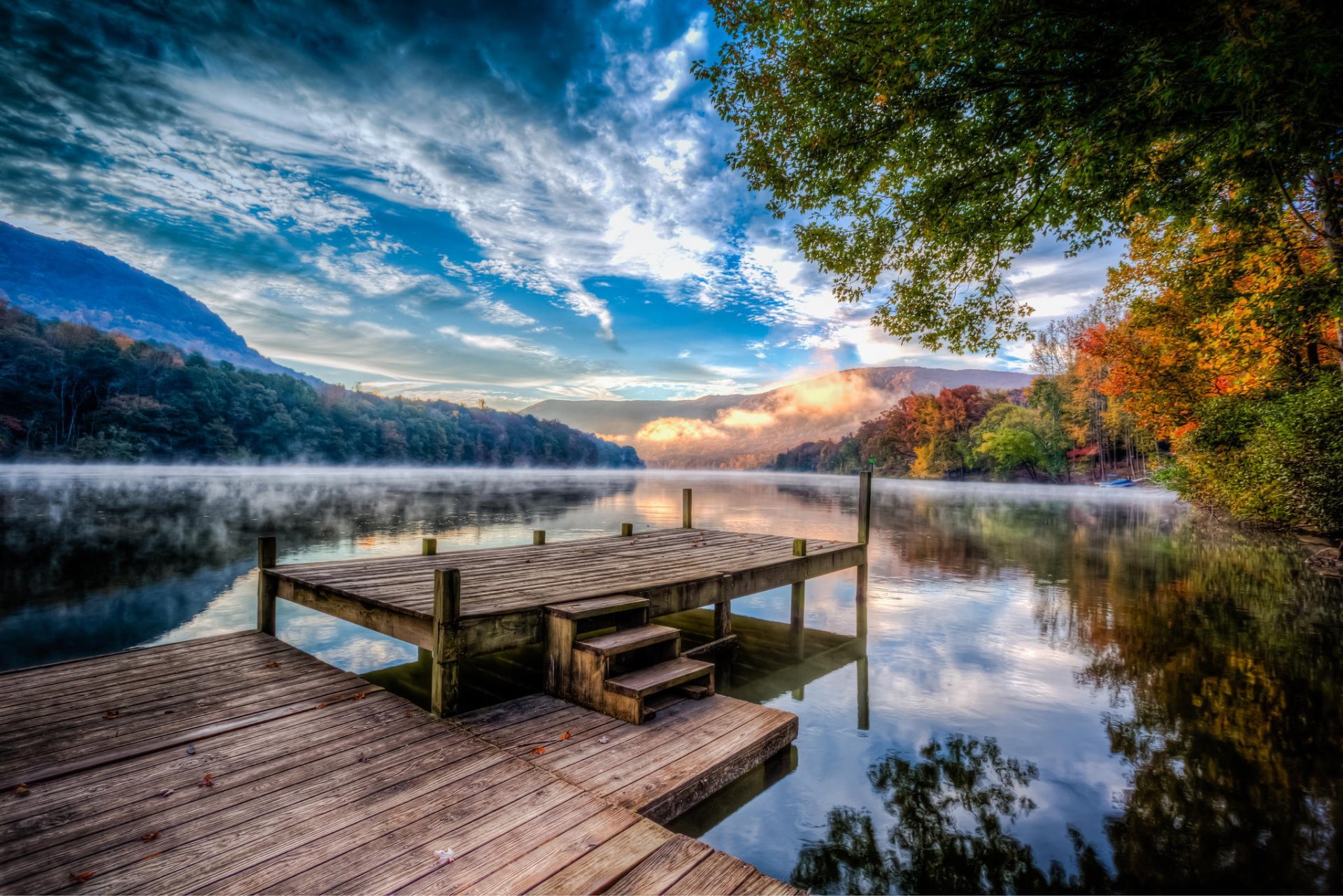 united states river pier fog haze forest tree autumn clouds nature