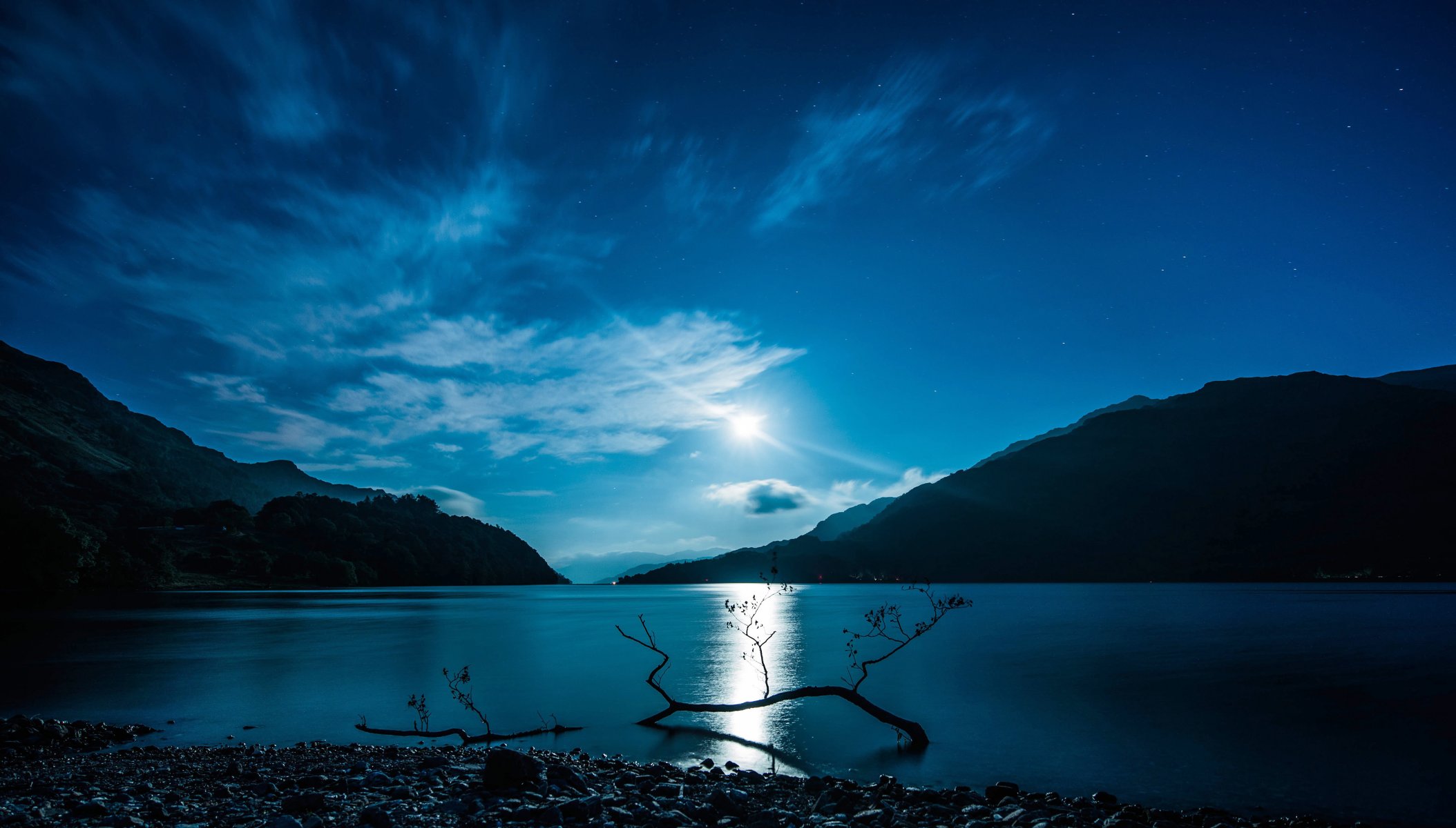 cotland lake water night moon light reflection mountain