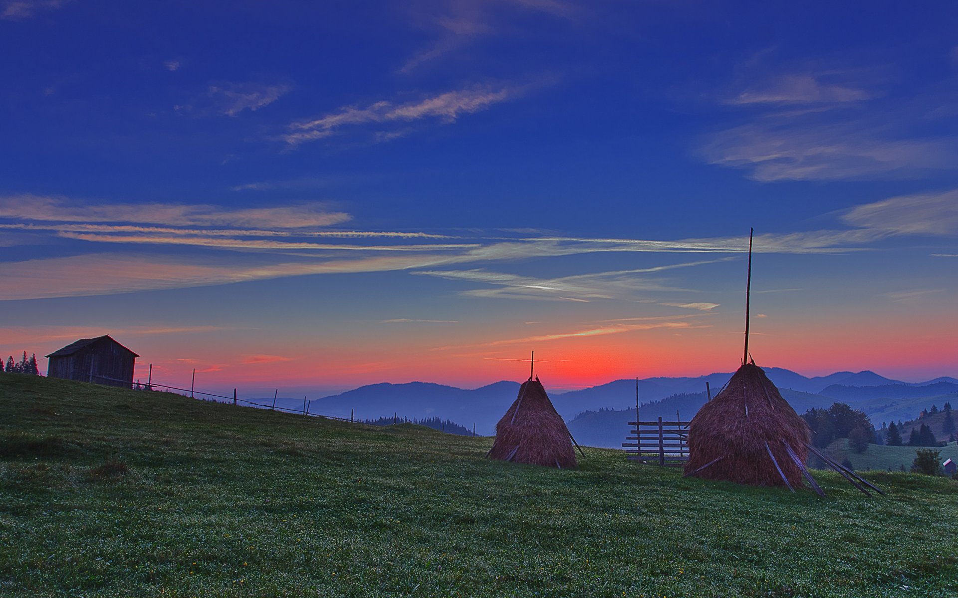 landscape sky clouds mountain sunset glow night mop stack the field meadow house tree horizon