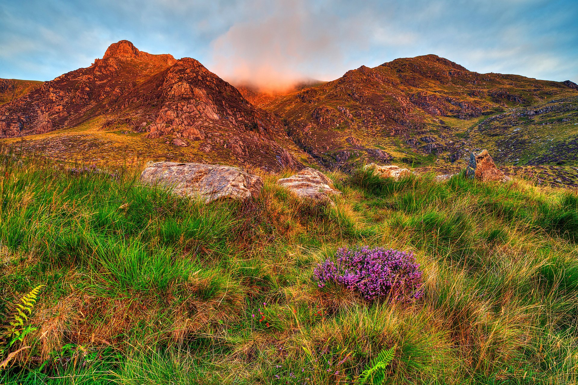 gb snowdonia himmel wolken berge steine blumen hang gras