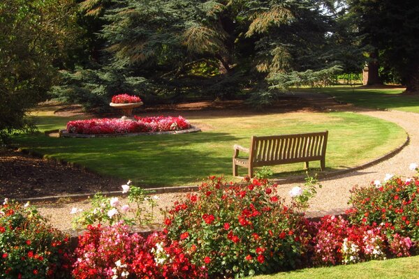 Ein Arboretum in England. Bank vor dem Blumenbeet