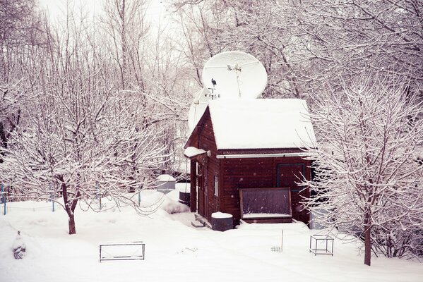 A house in the snow in the winter yard