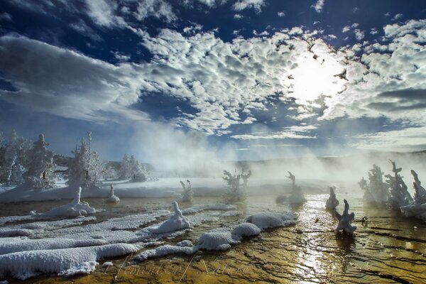 Thick fog in the early morning on the river