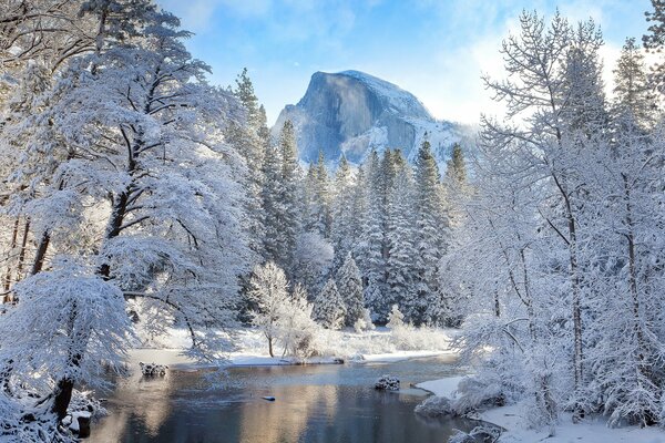 Paysage hivernal. Rivière à la montagne enneigée