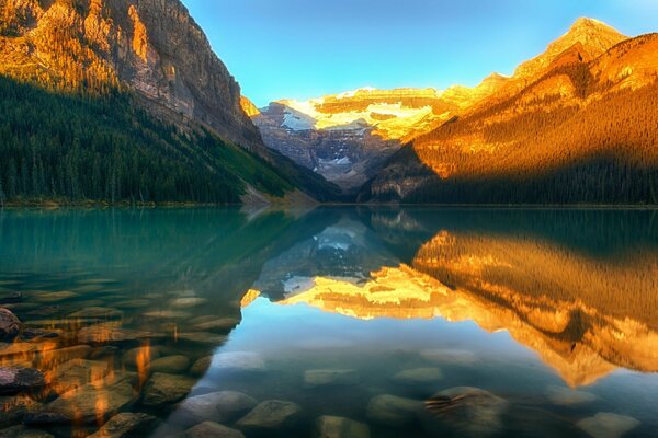 Vista de un lago de montaña en Canadá al atardecer