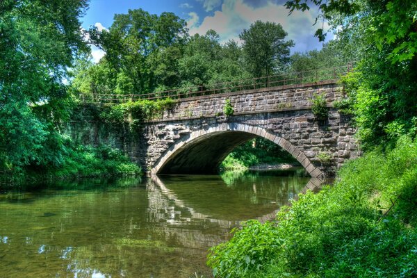 Hermoso parque con un puente en forma de arco