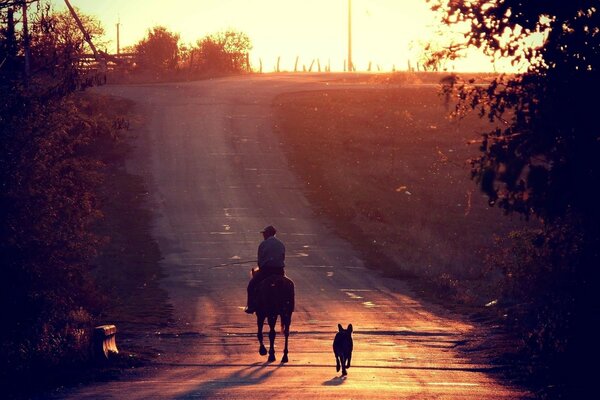 Imagen de un jinete con un perro en el camino