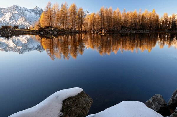 A mountain lake that is not frozen. Snowy Mountains