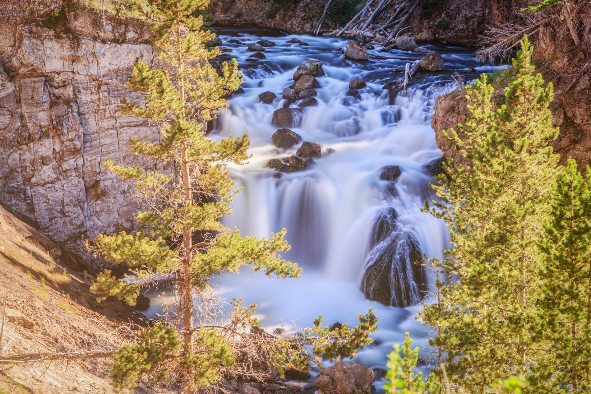 firehole фоллс йеллоустонский национальный парк вайоминг йеллоустон водопад деревья камни скалы