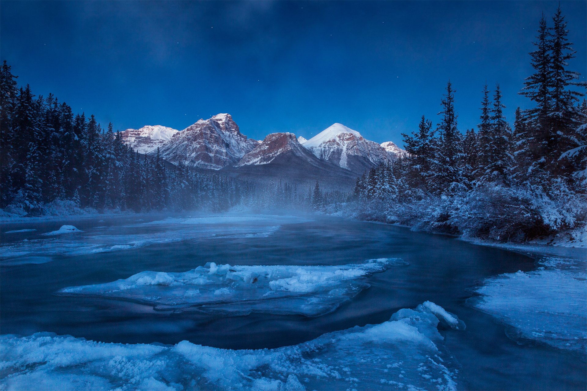 kanada alberta berge wald fluss winter schnee nacht