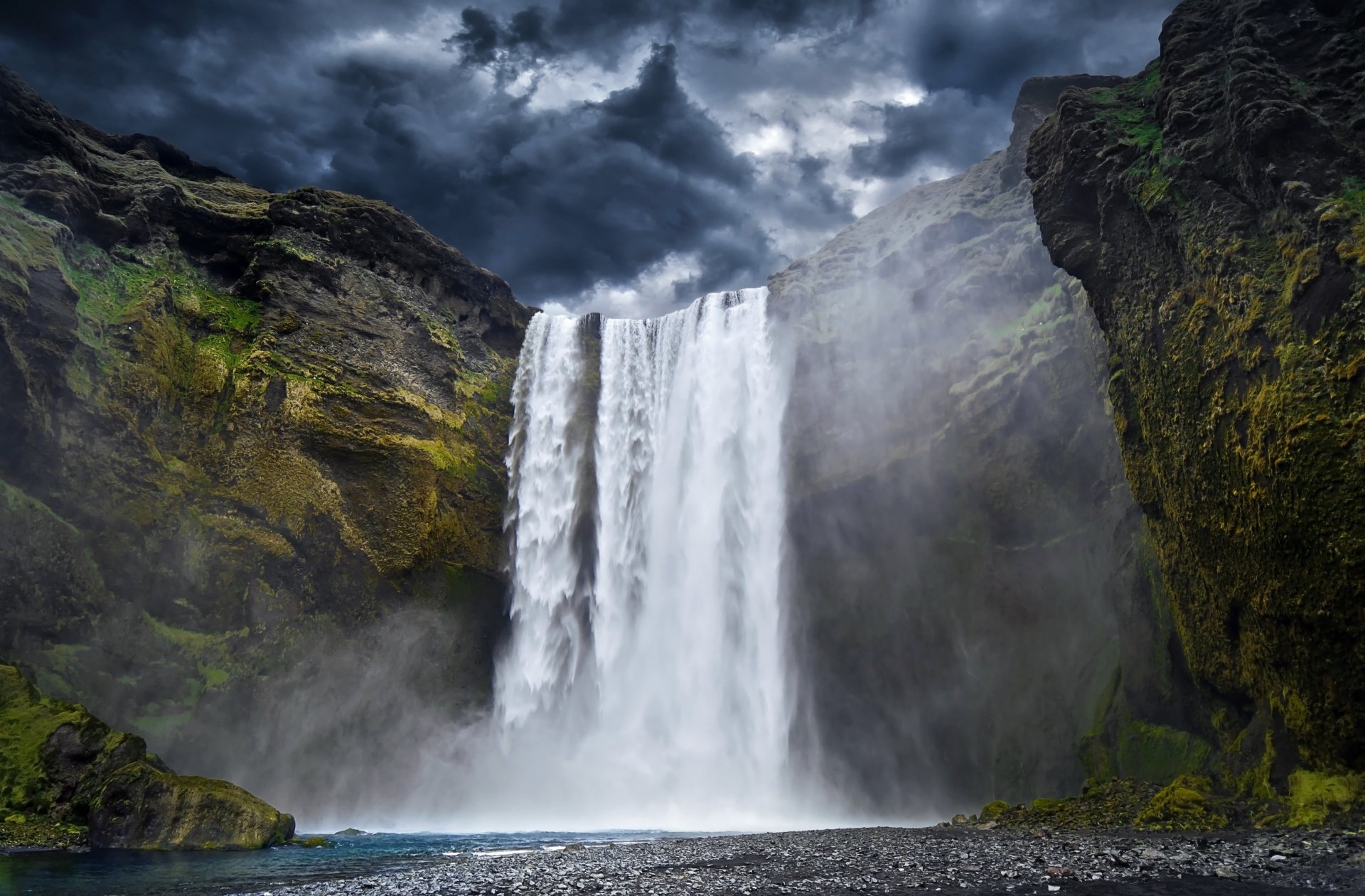 waterfall river clouds slope